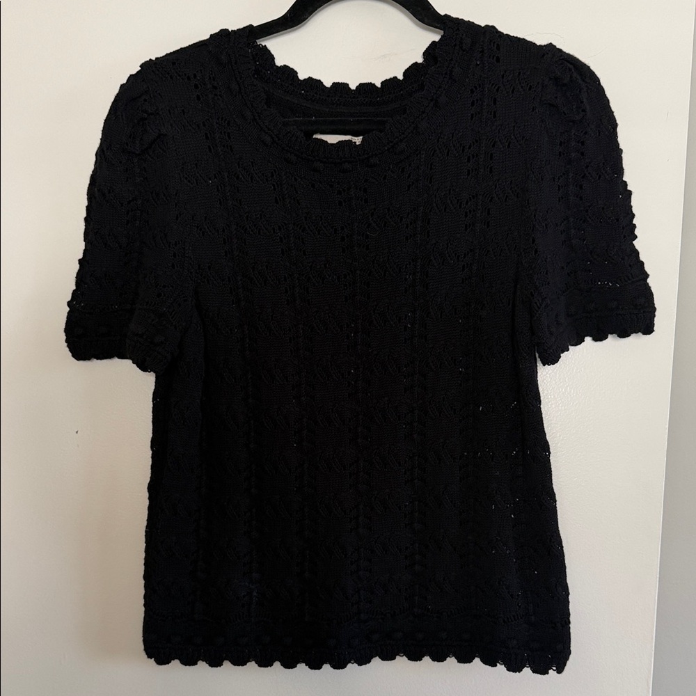 Anthropologie Black Crochet Short-Sleeve Knit Top - BLK| M